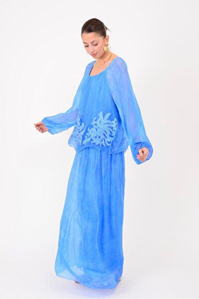 Park Moda Sn510 Madonna Collar Embosed Sequin Detail Silk Dress