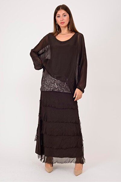 Park Moda 7509 Pul Detail Long Sleeve Layered Silk Dress