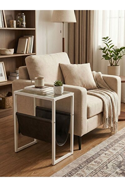 TodekHome Gazetelikli Camlı Metal Yan Sehpa - C Tipi Koltuk Kenarı Laptop ve ...