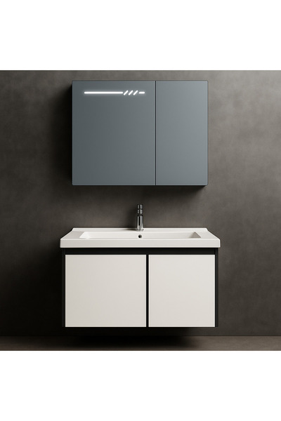 ALC-Shop Set Dulap Baie cu Oglinda LED si Dulap Lavoar Suspendat, 60x70 cm, Alb-Negru, Design Modern