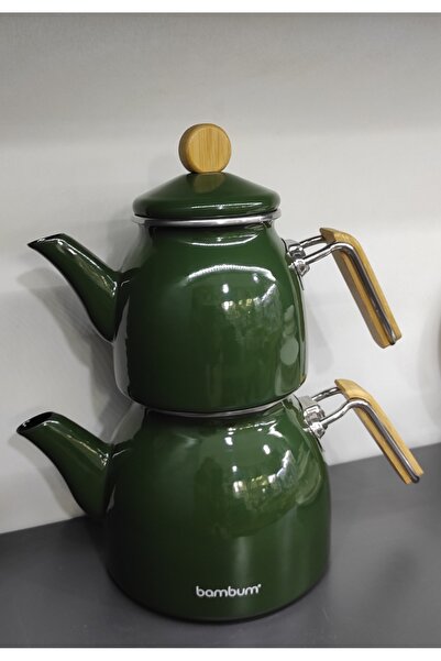 MORMAVİ Bambum Sultan Emaye Bamboo Handle Medium Size Teapot