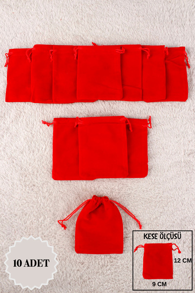 Mortex Kırmızı Kadife Kese 10 Adet 9x12 Cm Kına, Çerez, Kuruyemiş, Hediyelik,...
