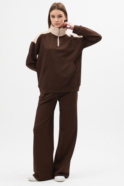 zitex Brown Zipper Collar Double Color Block Compact Combed Cotton Tracksuit Set