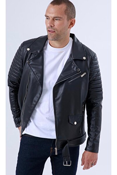 ATKGİYİM Slim Fit Black Faux Leather Men's Motorcycle Biker Jacket with Quilt...