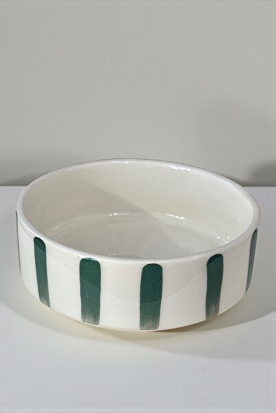 YUUGI CERAMIC El Yapımı Seramik Sunumluk Yeşil Çizgi Desenli Kase – Tekli Bowl Kase - Salata Kasesi - Orta Boy