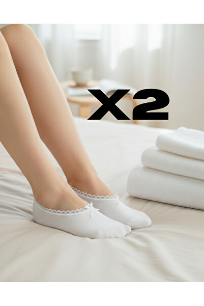 DRAV 2'li Fileli Dantelli Beyaz Babet Kadın Çorabı