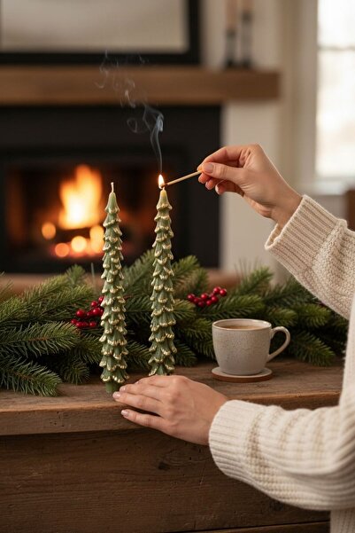 SOLARA Dekoratif Yılbaşı Şamdan Mumu İkili - Çam Ağacı Tasarımlı Noel Mum Seti - Hediyelik