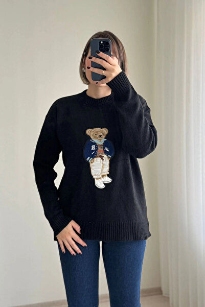 Kubos Moda Teddy Bear Embroidered Crew Neck Black Knit Sweater