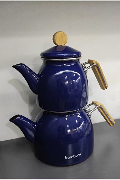 MORMAVİ Bambum Sultan Emaye Bamboo Handle Medium Size Teapot