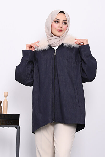 İmajButik Navy Blue Collar Fur Detailed Denim Jacket