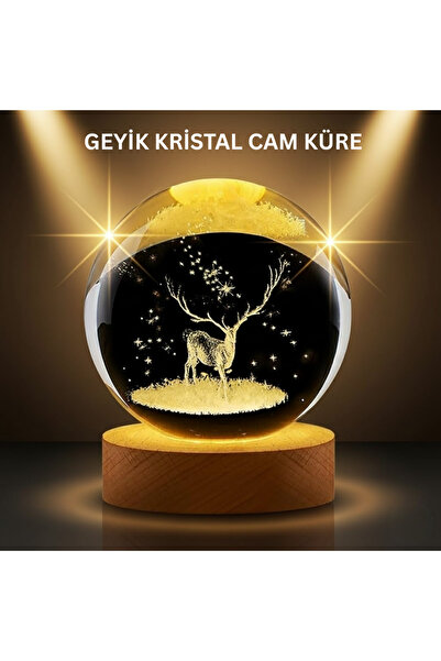 ASTRALTECH LED Işıklı Geyikli Kristal Küre Ahşap Standlı Modern Dekor Lamba