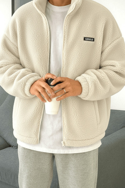 GENIUS STORE Oversize Plush Full Zipper Sweatshirt with Plush Inside Fleece Sherpa Fabric Sweatshirt