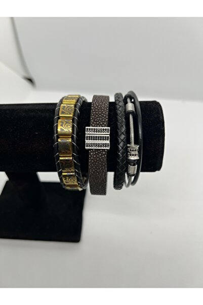 GiftPack Men's Leather and Natural Stone Combination Bracelet-3-Piece Trend M...