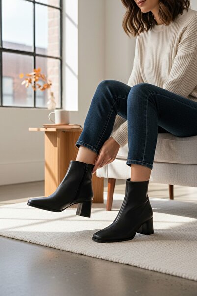 VeliKundura SİYAH FERMUARLI KARE BURUN KALIN TOPUK KADIN YARIM BOT