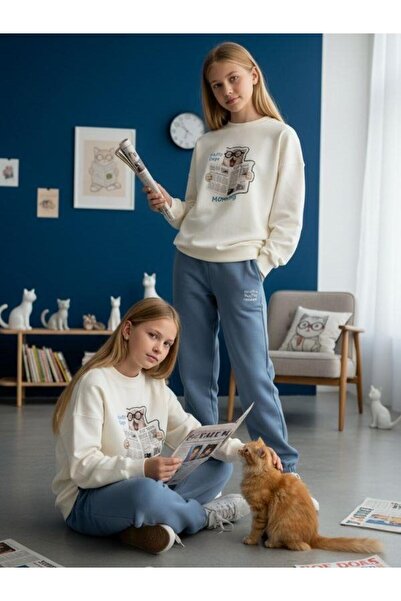 Zekids Fată pisică cu imprimeu supradimensionat Design Swea tricou