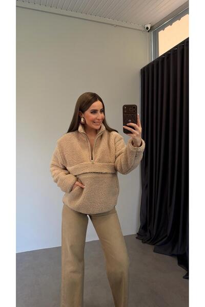 elif teke Kanguru Cepli Peluş Sweatshirt Bej