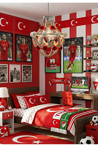 NGAHOME El Yapımı Ahşap Boncuklu Bohem Avize –Kırmızı-Beyaz Ponpon Dekoratif ...