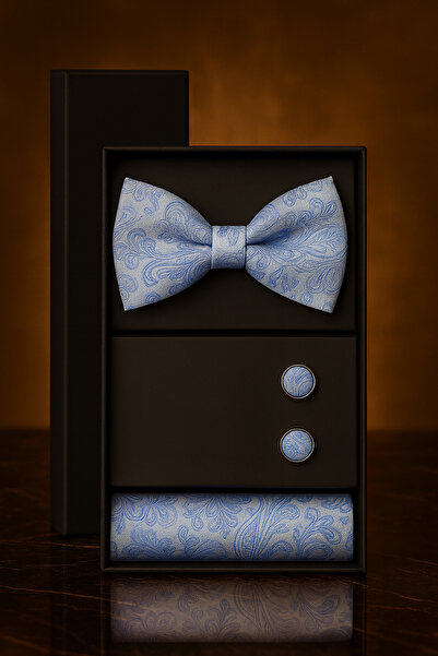 AndraRose Styles Men's Set Bow Tie + Button + Handkerchief - Sky Sovereign