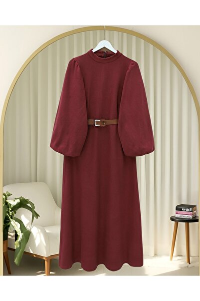Modamorfo Thick Belted Balloon Sleeve Thessaloniki Dress -Burgundy