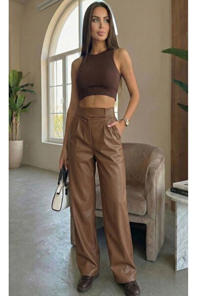 LEY COLLECTİON Kadın Deri Pantolon Çırtlı Yüksek Bel Kahverengi Deri Cepli Pa...
