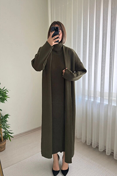 Kubos Moda High-Necked Khaki Cardigan Dress Knitwear Set