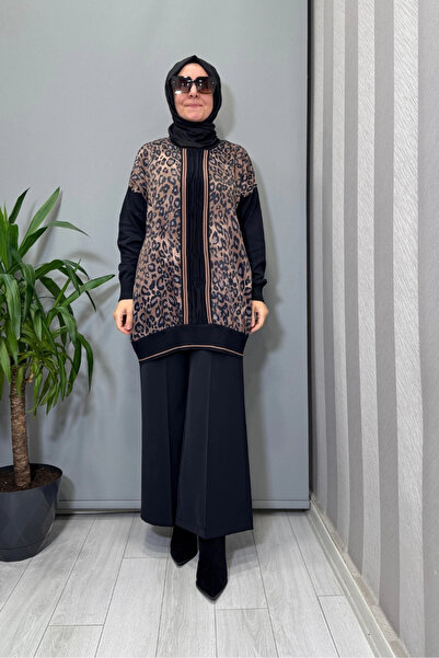 Ghisa Leopard Tunic with Knitwear Detail Brown 26Körtnk4148