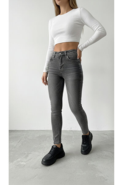 By Caspita Fashion Blugi pentru femei talie înaltă skinny, gri închis, lavat, Power Lycra, elastici, cu picioare înguste
