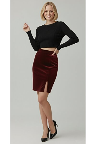 bright moon Women's Velvet Pencil Skirt Slit Stretch Fabric Fabric
