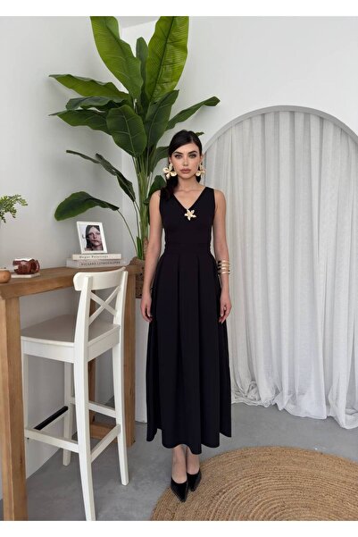 ETİKAFASHION Sıfır Kol Yıldız Aksesuar Detaylı Balconette Elbise