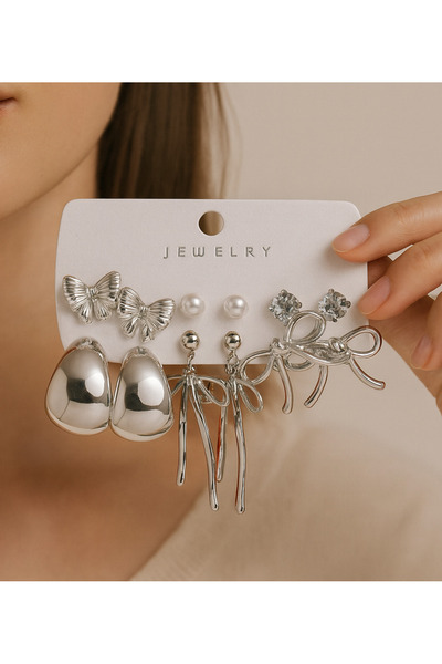 MRK Kadın 12'li Kombin Halka Küpe İnci 6 Çift Set Çoklu Küpe