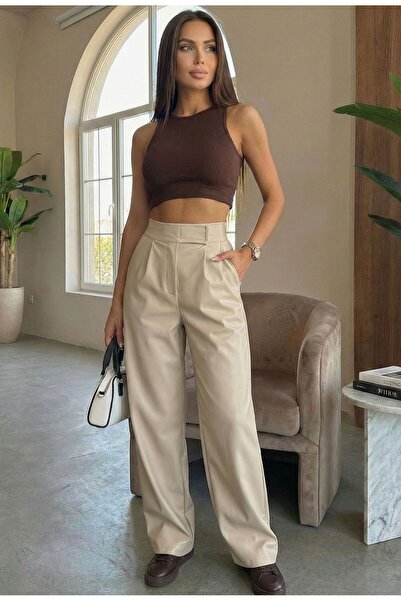 LEY COLLECTİON Kadın Deri Pantolon Çırtlı Yüksek Bel Taş Deri Cepli Palazzo P...