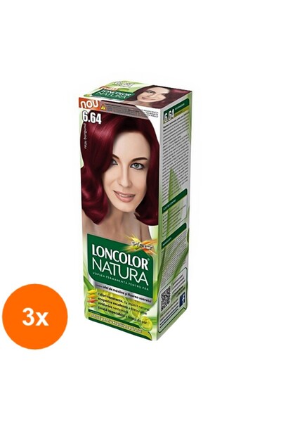 Loncolor Natura Set 3 x Vopsea de Par Permanenta 6.64 Rosu Burgund, 100 ml