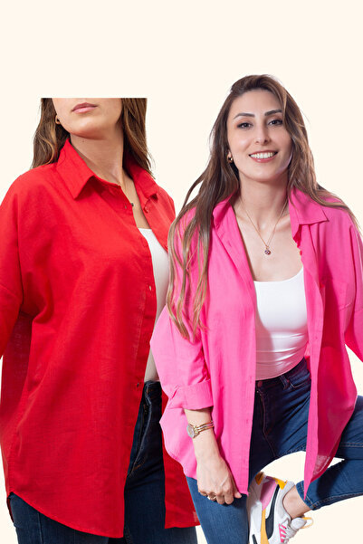 Justime Women's Oversized Cotton Linen Fuchsia - Red Shirt