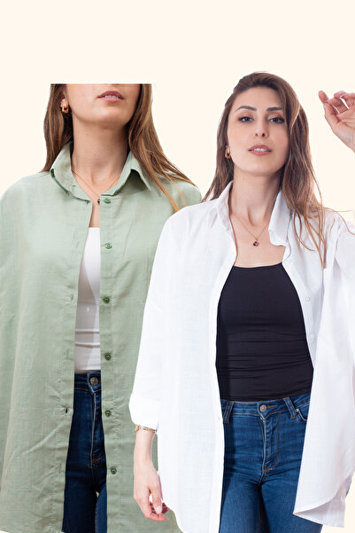 Justime Women's Oversized Cotton Linen White - Mint Green Shirt