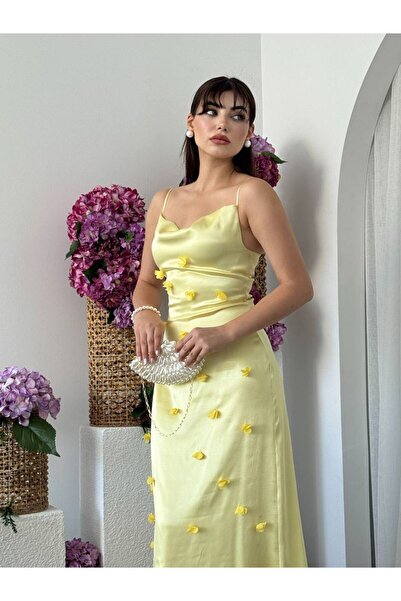 ETİKAFASHION Çiçek Aplike Saten Degaje Yaka Elbise