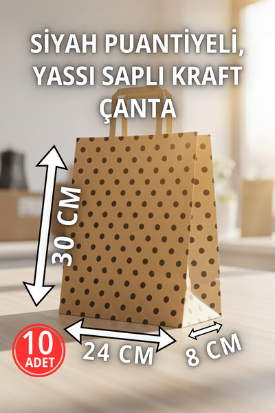 Pusula Marketim حزمة من 10 أكياس كرافت سوداء منقطة بمقبض مسطح - حقيبة هدايا