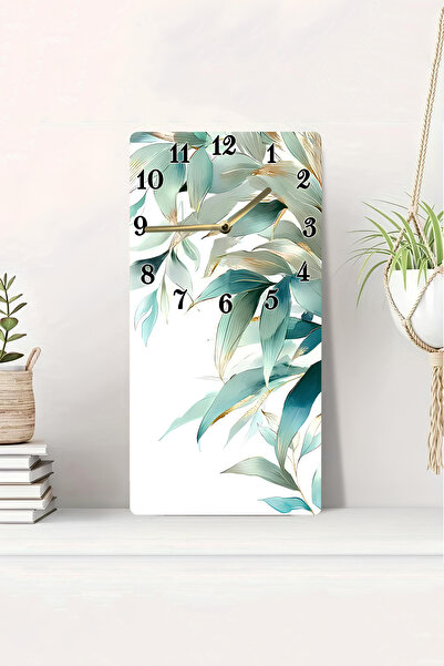 kutuTR 3D Looking 2D Uv Printing Mdf Table Clock – Green Leaf and Gold Detailed Nature Design 20X40 Cm-Dts208
