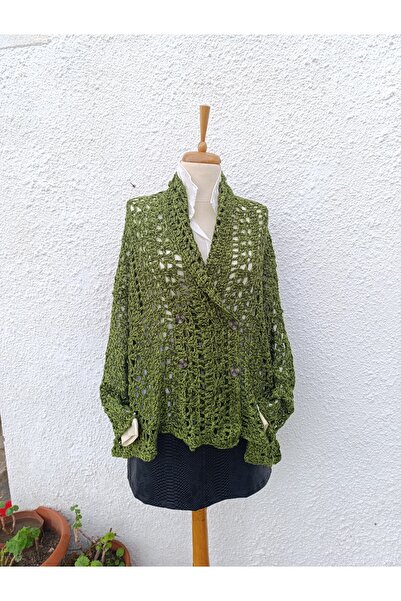 Hippybutik Yeşil Yğn Akrilik Anvelop Asimetrik Şal Yaka Tığ Dokuma El İşi Tas...