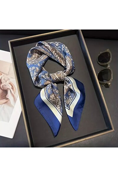 Accessories Hei Navy Blue Patterned Stylish Silk-Look Women's Accessory Scarf Foulard