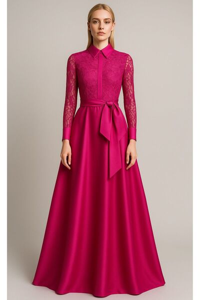 ALYEL NAKER قميص بجزء من الدانتيل وتنورة من التفتا، فستان قميص طويل بحزام