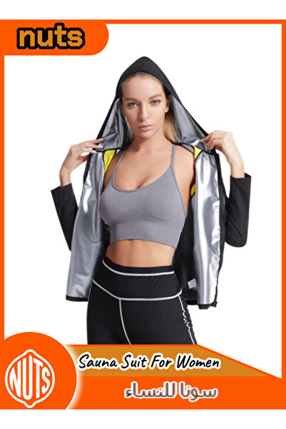 me-nimal بدلة ساونا نسائية بغطاء رأس : بلوزة بسحاب كامل وبنطال بخصر عالٍ للتم...