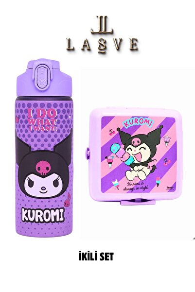 kuromi مجموعة جديدة من 2 قطعة من قارورة الفولاذ 600 مل مع شفاطة + وعاء غذاء ب...