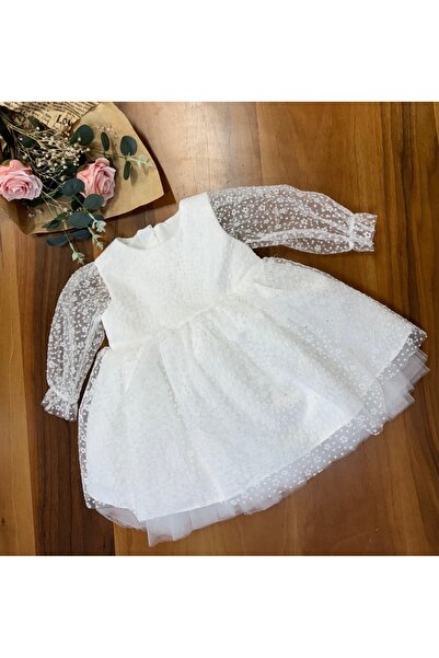 Mini Chics Kabartma Çiçek Desen Tül Uzun Kol Kız Bebek Elbise