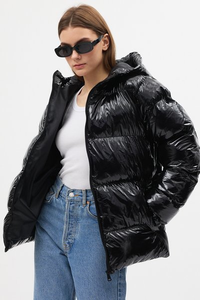 TREND KOMBİN Women's Shiny Fabric Patent Leather Look Black Inflatable Coat Waterproof and Windproof