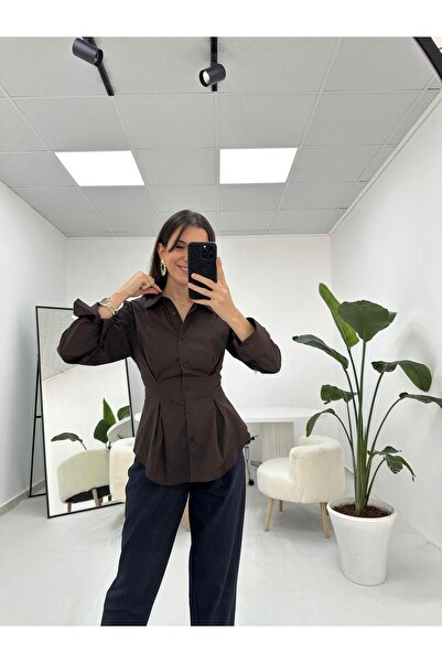 e butiğim Beli Pensli Acı Kahve Gömlek