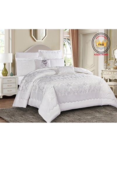 FABRIC The latest bridal jacquard quilt set, 8 pieces, with a carrying case. Ivory/off-white embroidered set with a luxurious damask design.