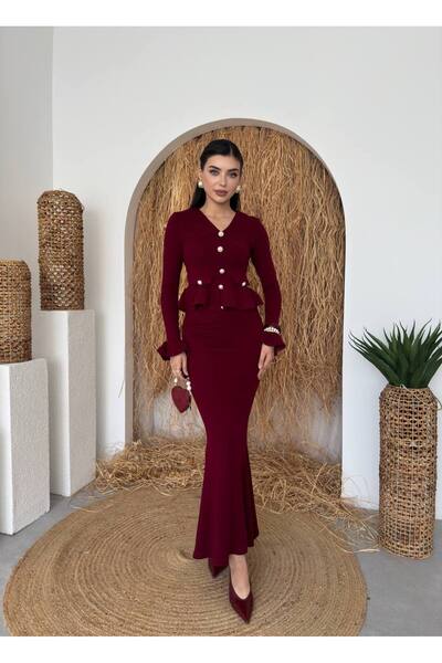 ETİKAFASHION Fırfır Detaylı Triko İncili Etek Bluz Takım