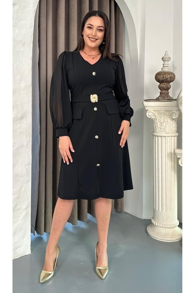 Butik Nilyam Women's Plus Size V-Neck Balloon Sleeve Pocket Flap Detail Belt Brooch Midi Stretchy Evening Dress 25106