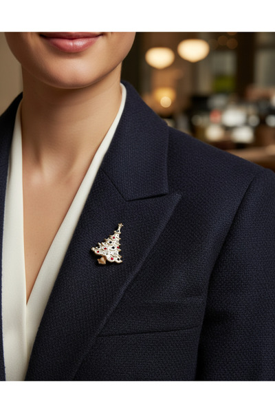 Tüko Store Yılbaşı Özel Taşlı Beyaz Çam Ağacı Broş