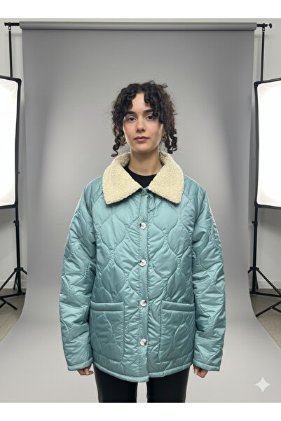 BORCKA TEKSTİL Γυναικείο παλτό σε τιρκουάζ χρώμα με λεπτομέρεια από γούνα και...